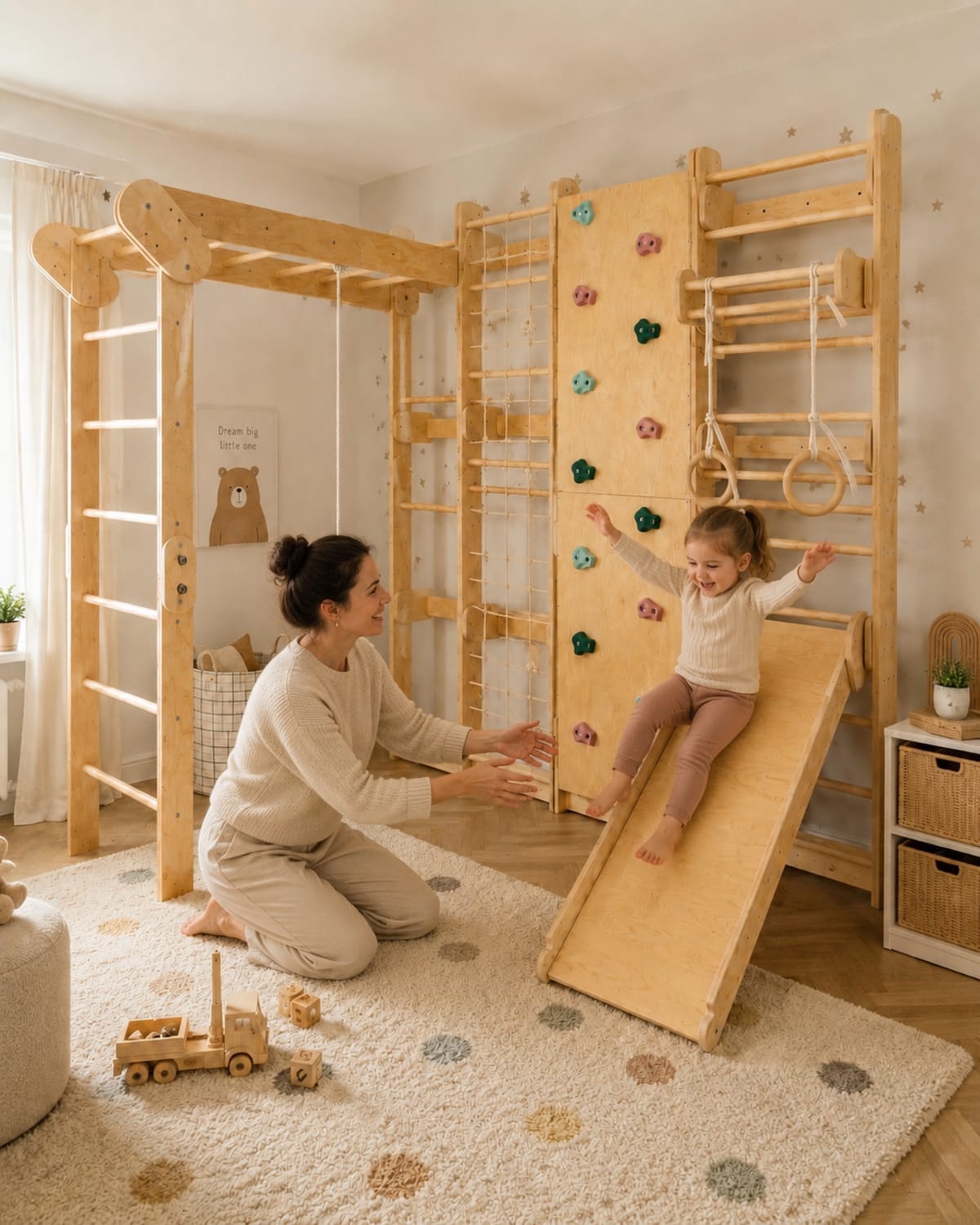 Detalle del Gym XL con elementos de escalada y actividad infantil