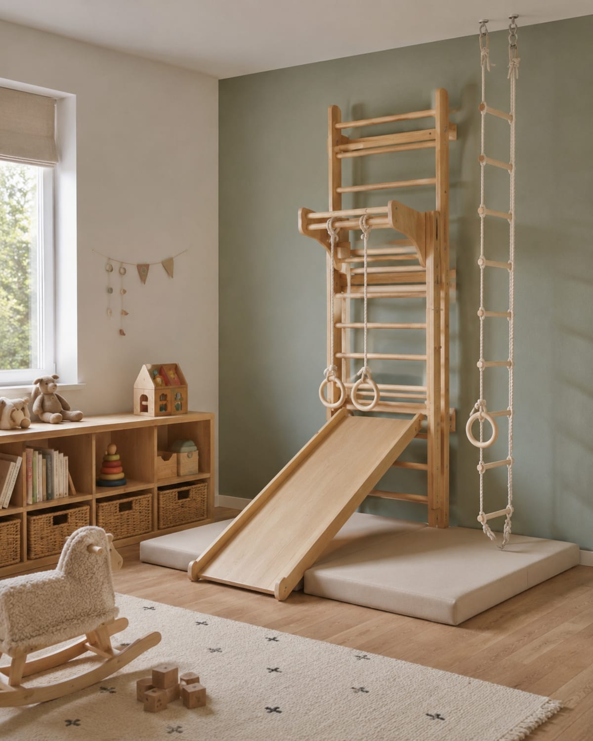 Detalle del respaldo con tobogán de madera para niños