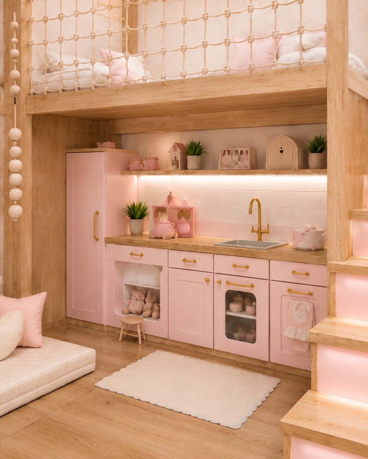 Playroom infantil Rosa a medida con zona de juegos y muebles - proyecto de Carpintar (vista 2)