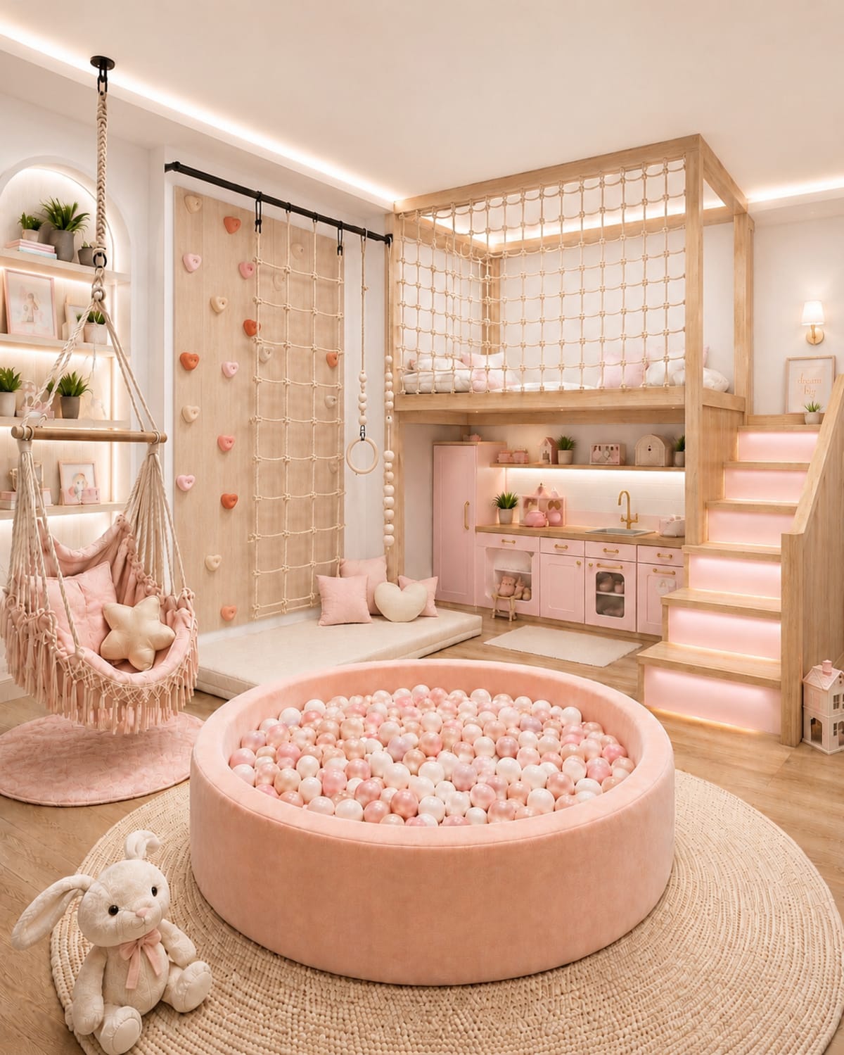Playroom infantil Rosa a medida con zona de juegos y muebles - proyecto de Carpintar (vista 1)