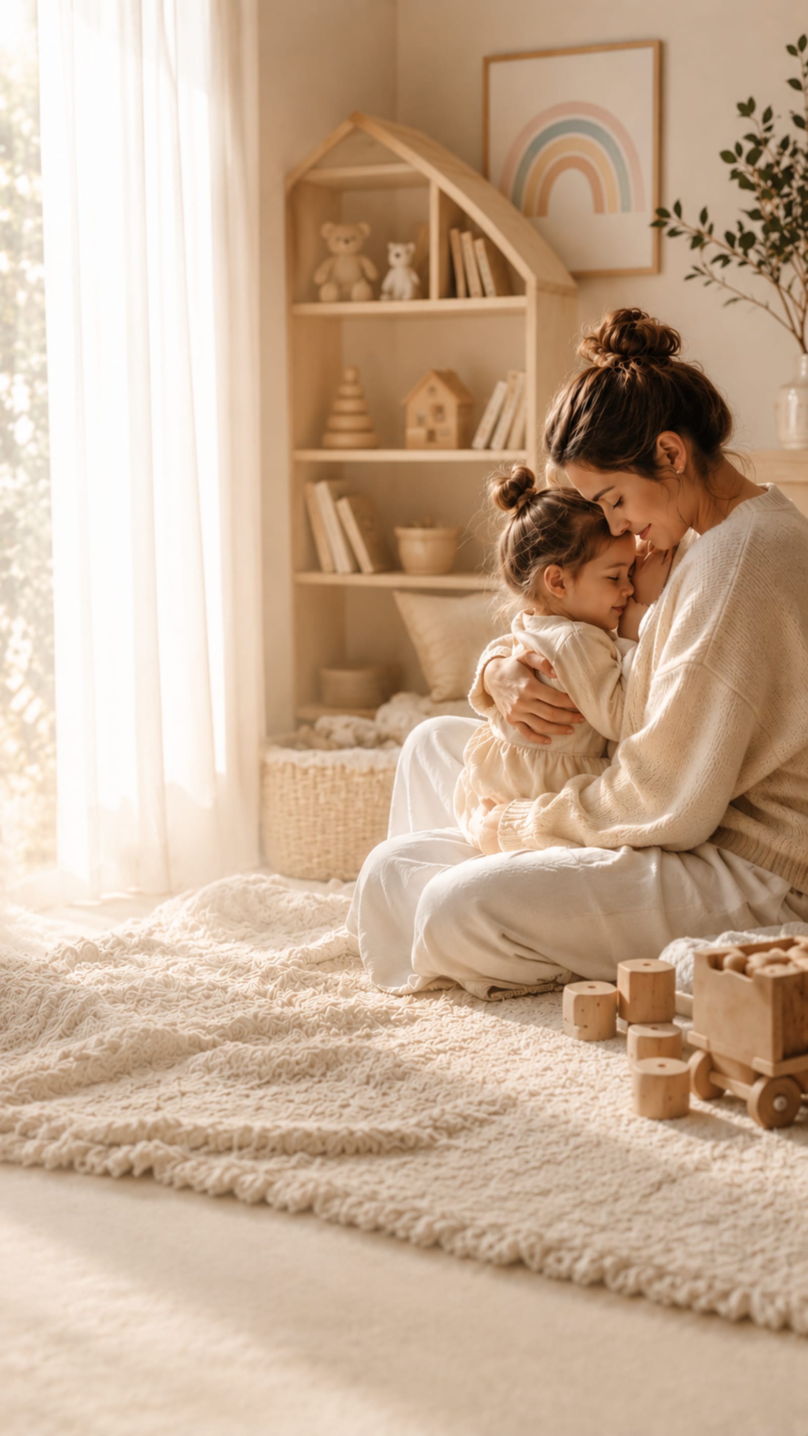 Madre abrazando a su hija en un cuarto infantil diseñado por Carpintar Arquitectura Infantil
