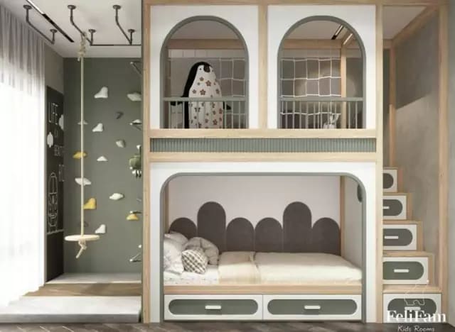 Cuarto Noha - Habitación infantil elegante con piedras para trepar y muebles a medida