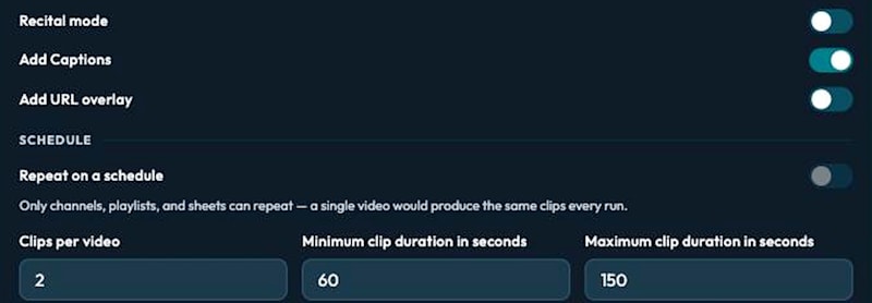 Clips per video and the duration window. Defaults are tuned for talks and interviews.