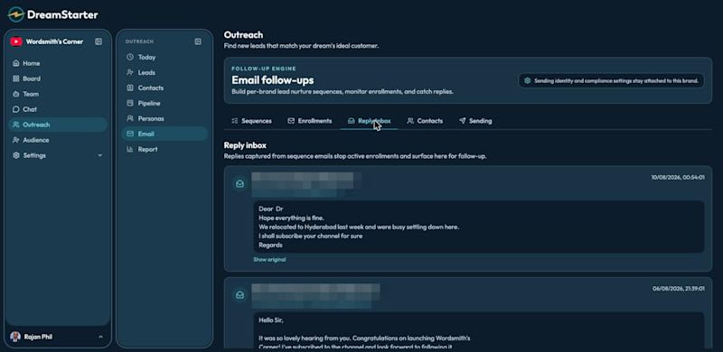 Reply inbox with captured replies (names redacted)