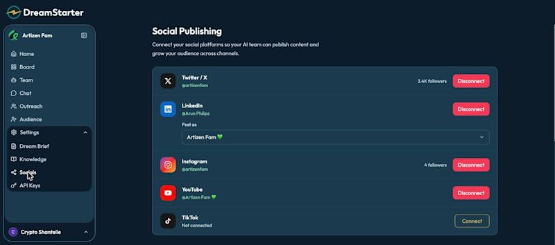 Connect the platforms once; the agents publish to all of them.
