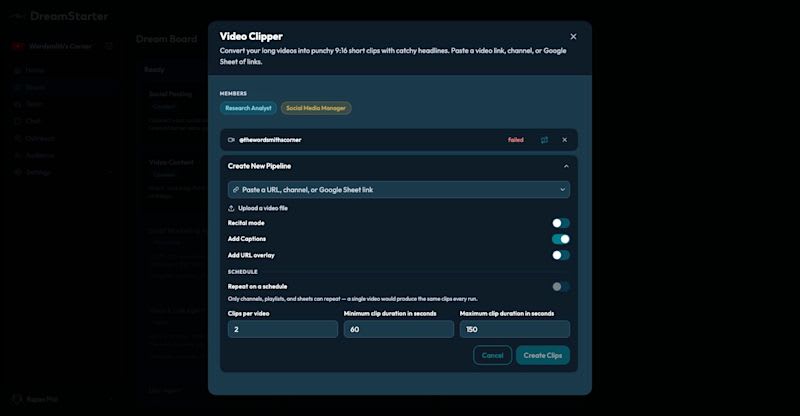 The Video Clipper pipeline setup: source, captions toggle, schedule, clips per video and durations