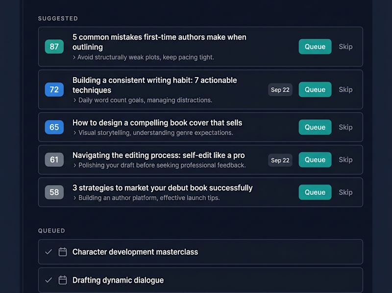Suggested ideas scored and ranked. Queue the ones you want; skip the rest.