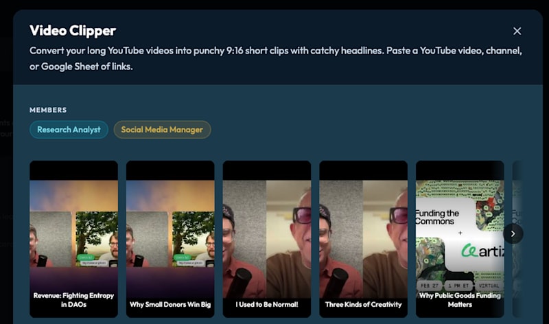 Clips Ready on the Artizen Fam dream: every clip carries its own headline. Anything here is already in the posting queue if a platform is connected.