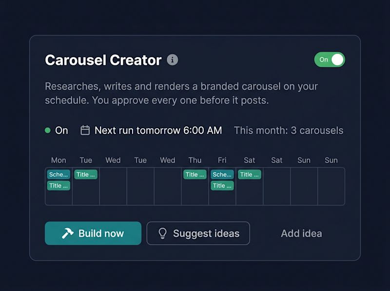 The Carousel Creator card. The (i) icon opens this tutorial.