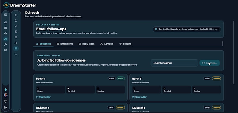 Sequences, enrollments, reply inbox and sending identity all live in the Outreach tab.