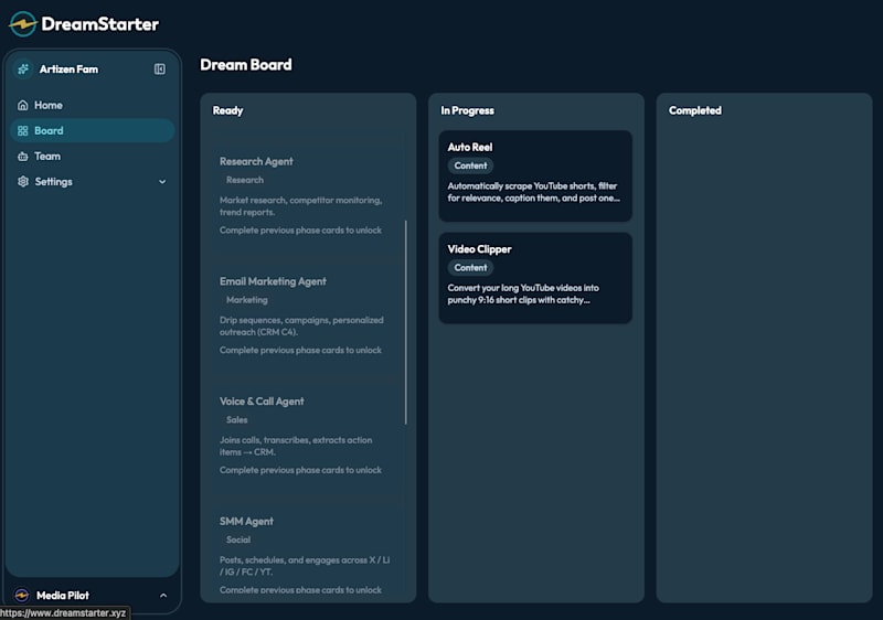 The Dream Board with AI agent cards