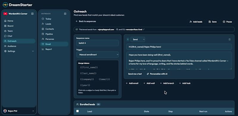 The batch 4 sequence builder with Rajan's announcement email and merge tokens