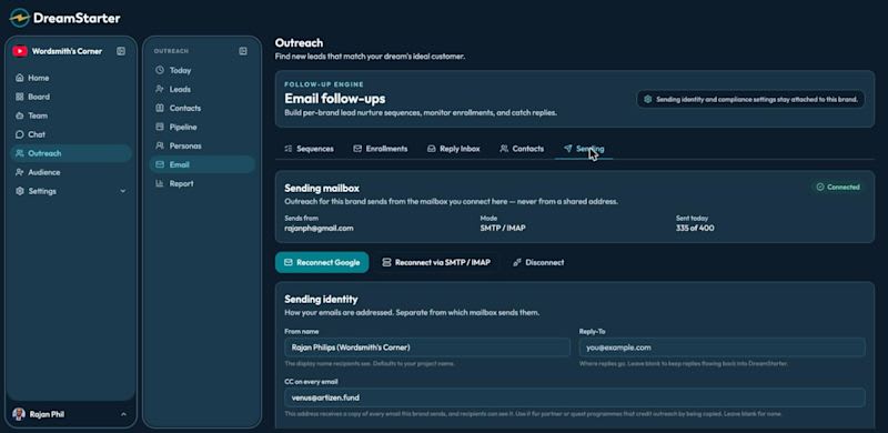 Sending mailbox settings: connected SMTP/IMAP mailbox with daily cap