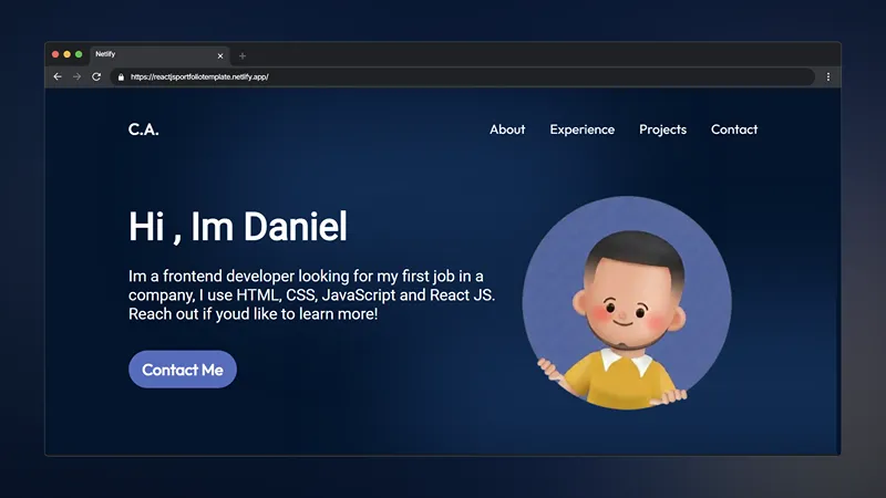 Sección hero de plantilla de portfolio en React mostrando saludo personalizado e ilustración de desarrollador