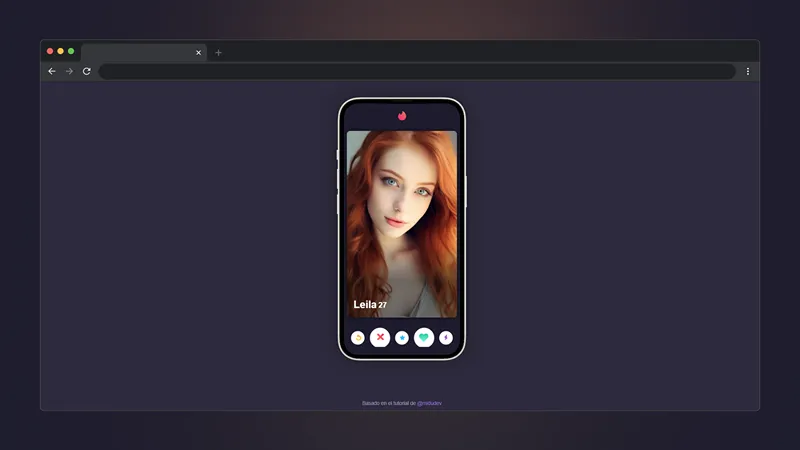 Interfaz de tarjetas deslizables estilo app de citas en mockup de celular, con botones de like y nope
