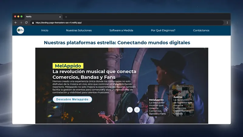 Landing page corporativa de The Master SAS mostrando el carrusel de plataformas destacadas MelAppido y JustGo