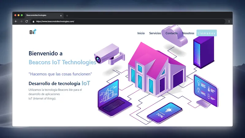 Landing page de Beacons IoT Technologies con ilustración isométrica de casa inteligente conectada a dispositivos IoT