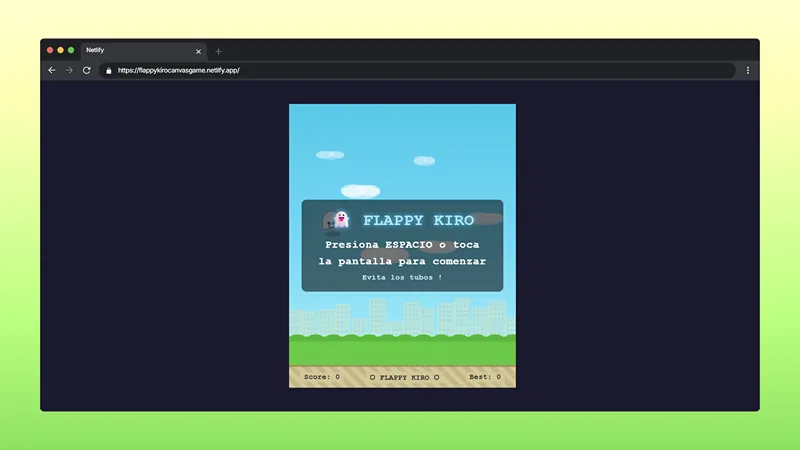 Pantalla de inicio del juego Flappy Kiro hecho con Canvas, mostrando instrucciones para comenzar