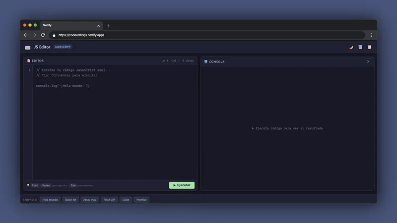 Editor de código JavaScript en el navegador con panel de consola y biblioteca de snippets predefinidos