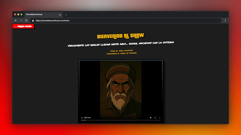 Página de bienvenida de El Show Debe Continuar, web-app gamificada de Turkano con reproductor de video y sistema de desbloqueo de historia
