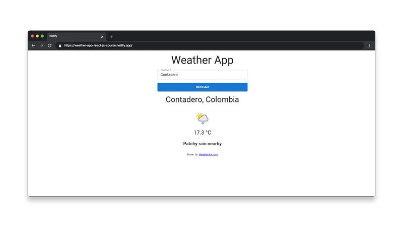 Aplicación de clima construida con React y Material UI mostrando el resultado del clima para Contadero, Colombia