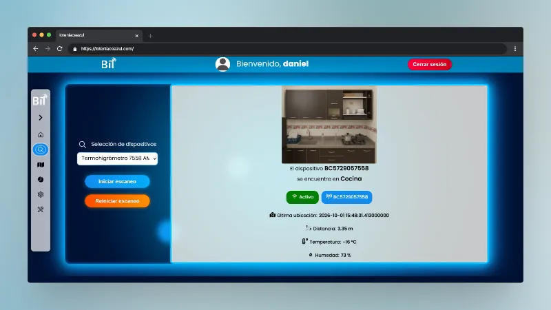 Dashboard de Enlace Azul mostrando el escaneo de un dispositivo BLE ubicado en la cocina, con distancia, temperatura y humedad en tiempo real