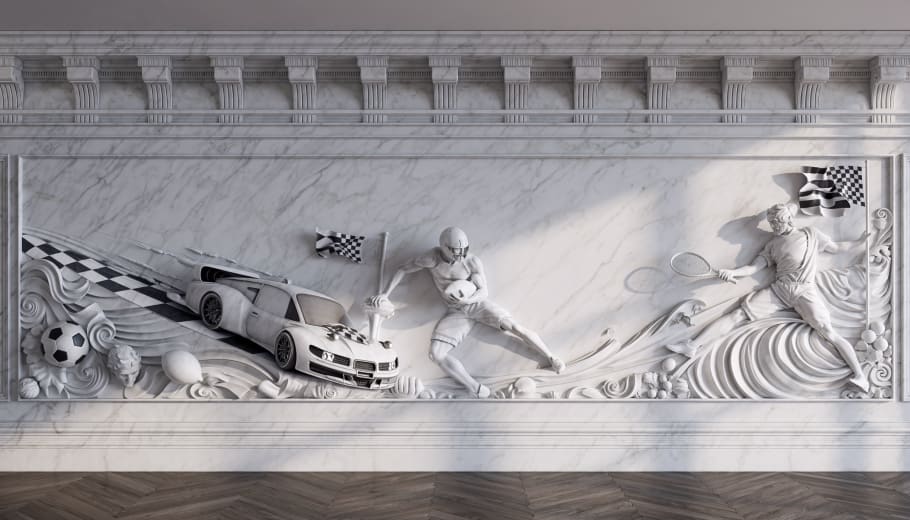 Marble relief of a race car, a rugby player and a tennis player