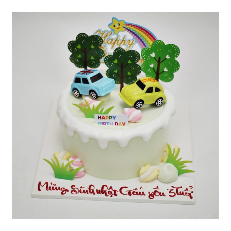 Bánh kem xe hơi dạo chơi màu xanh vàng