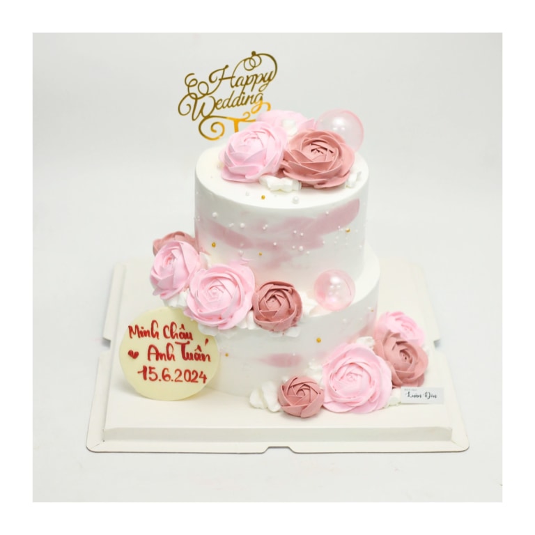 Bánh kem cưới hai tầng hoa hồng pastel