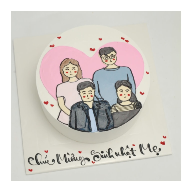 Bánh kem vẽ hình gia đình hạnh phúc ấm áp