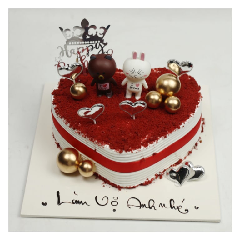 Bánh kem trái tim Red Velvet cặp đôi gấu Brown Cony
