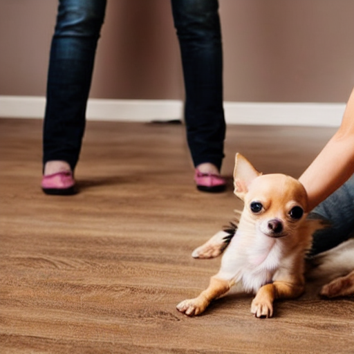 Chihuahua-Welpe mit dem Rücken zur Frau auf dem Boden