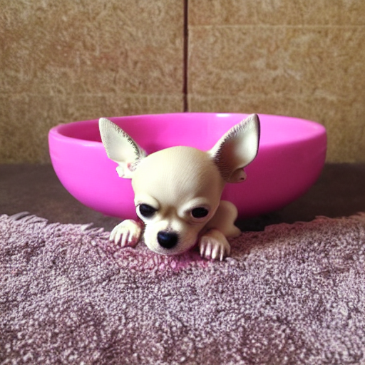 Chihuahua-Welpe frisst aus rosa Keramik-Hundenapf