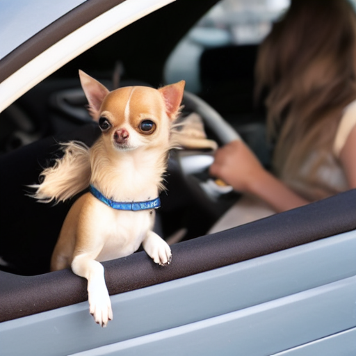 Chihuahua sitzt auf dem Schoß eines Mädchens im Auto