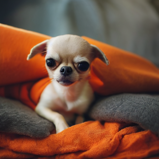 älterer Chihuahua unter orangefarbener Decke