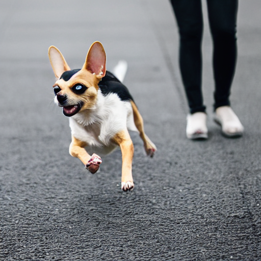 Schwarzer, weißer und hellbrauner Chihuahua, der vor einer knienden Frau im Hintergrund wegläuft