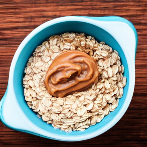 Schüssel mit Haferflocken, Löffel Erdnussbutter und Löffel mit Wasser