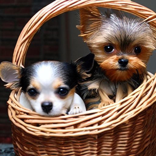 yorkie und chihuahua im körbchen