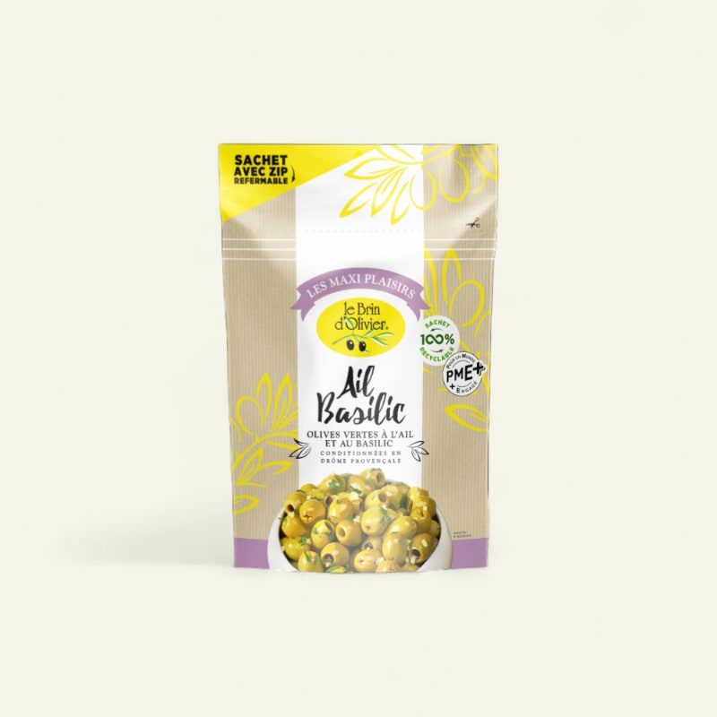 Olives vertes dénoyautées Ail & Basilic - Maxi Plaisirs