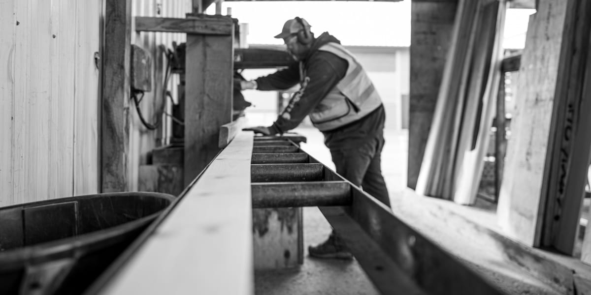 A black and white photograph showing a worker operating a large sawmill or lumber processing machine inside a traditional woo