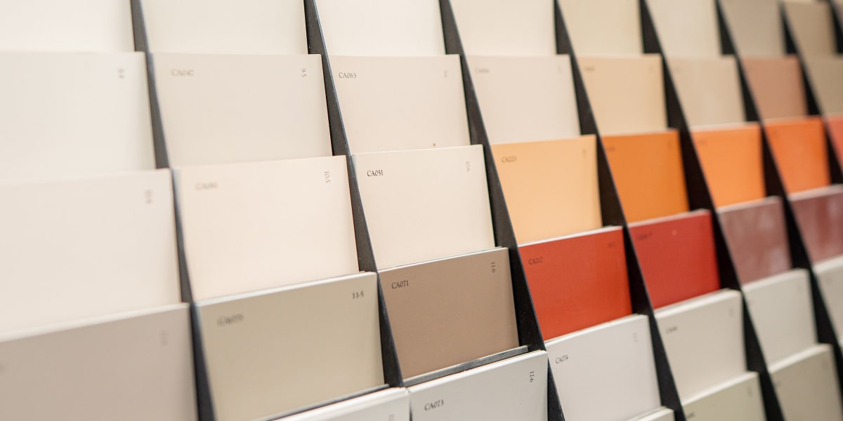 A detailed view of paint color sample cards arranged in a fan display, showing various neutral tones ranging from whites and