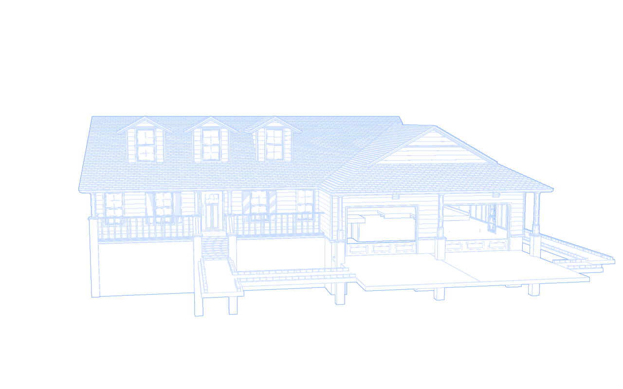 Architect's blueprint drawing of a house, labelled with every Western Building Center product category