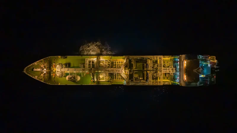 Aerial night photograph of illuminated cargo ship on dark ocean, overhead drone view with golden deck lighting