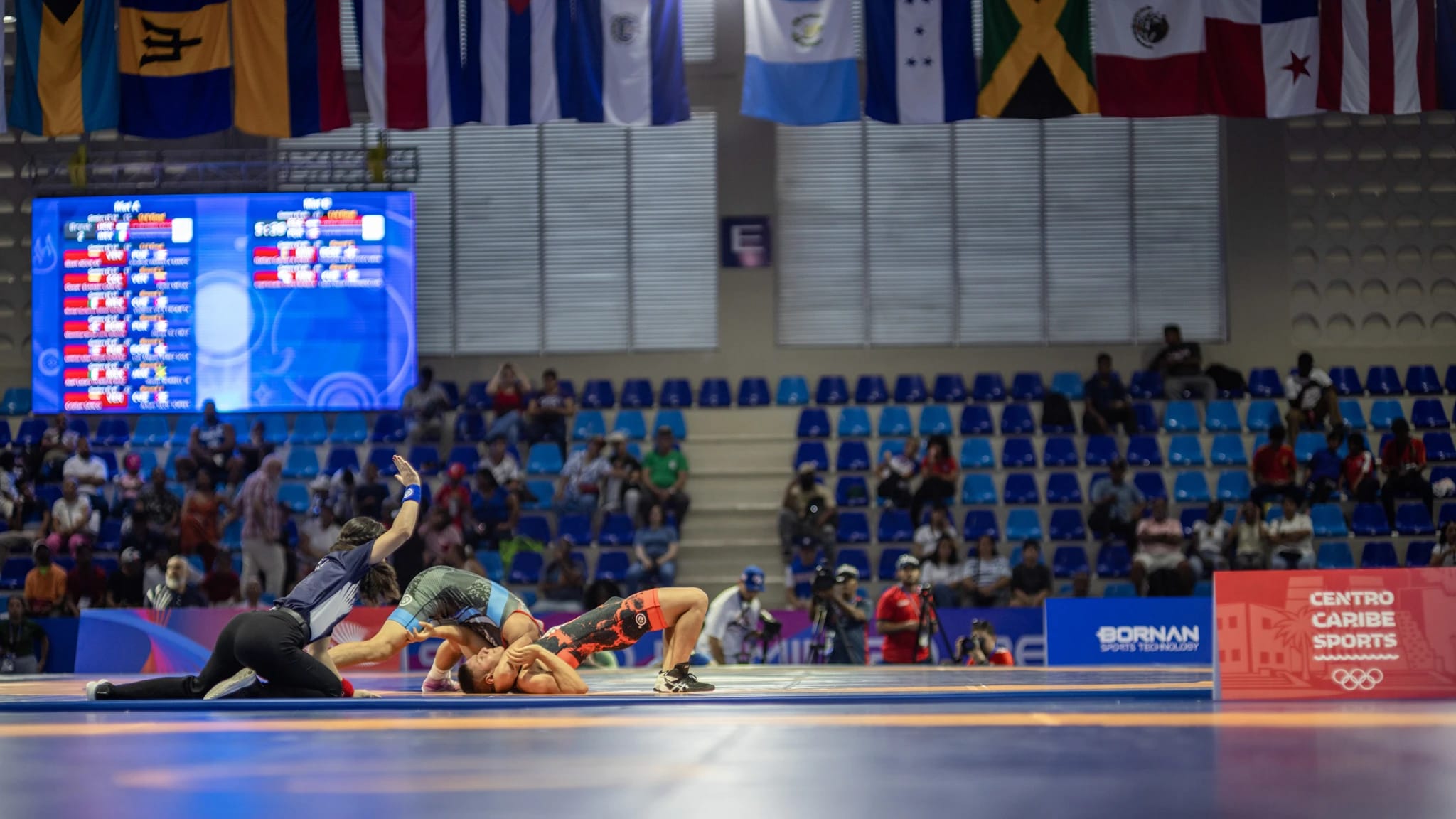 Olympic wrestling bout in an indoor arena with Caribbean flags during an international competition