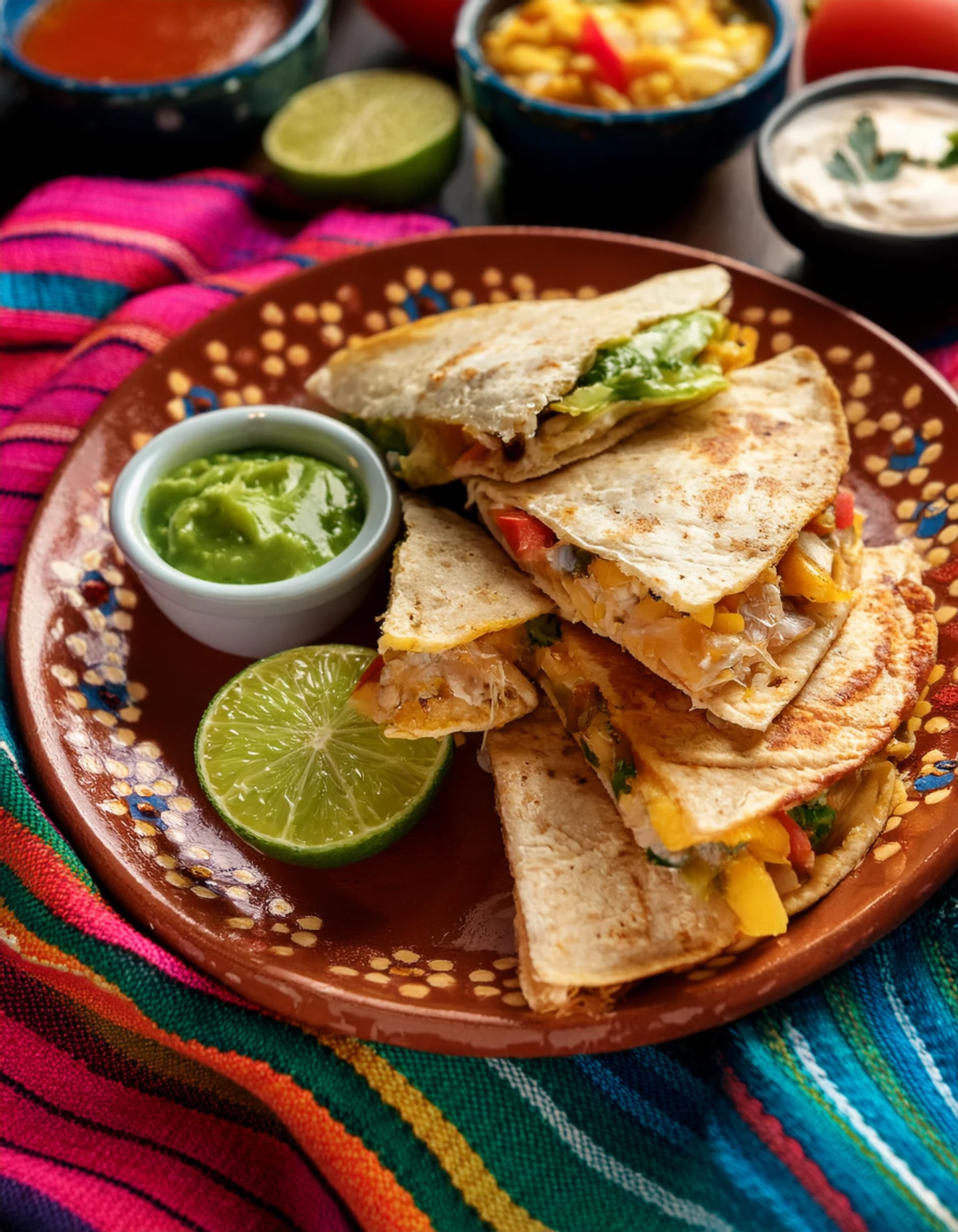 Sliced quesadilla triangles with guacamole, sour cream, and pico de gallo on a clay plate over a striped Mexican tablecloth