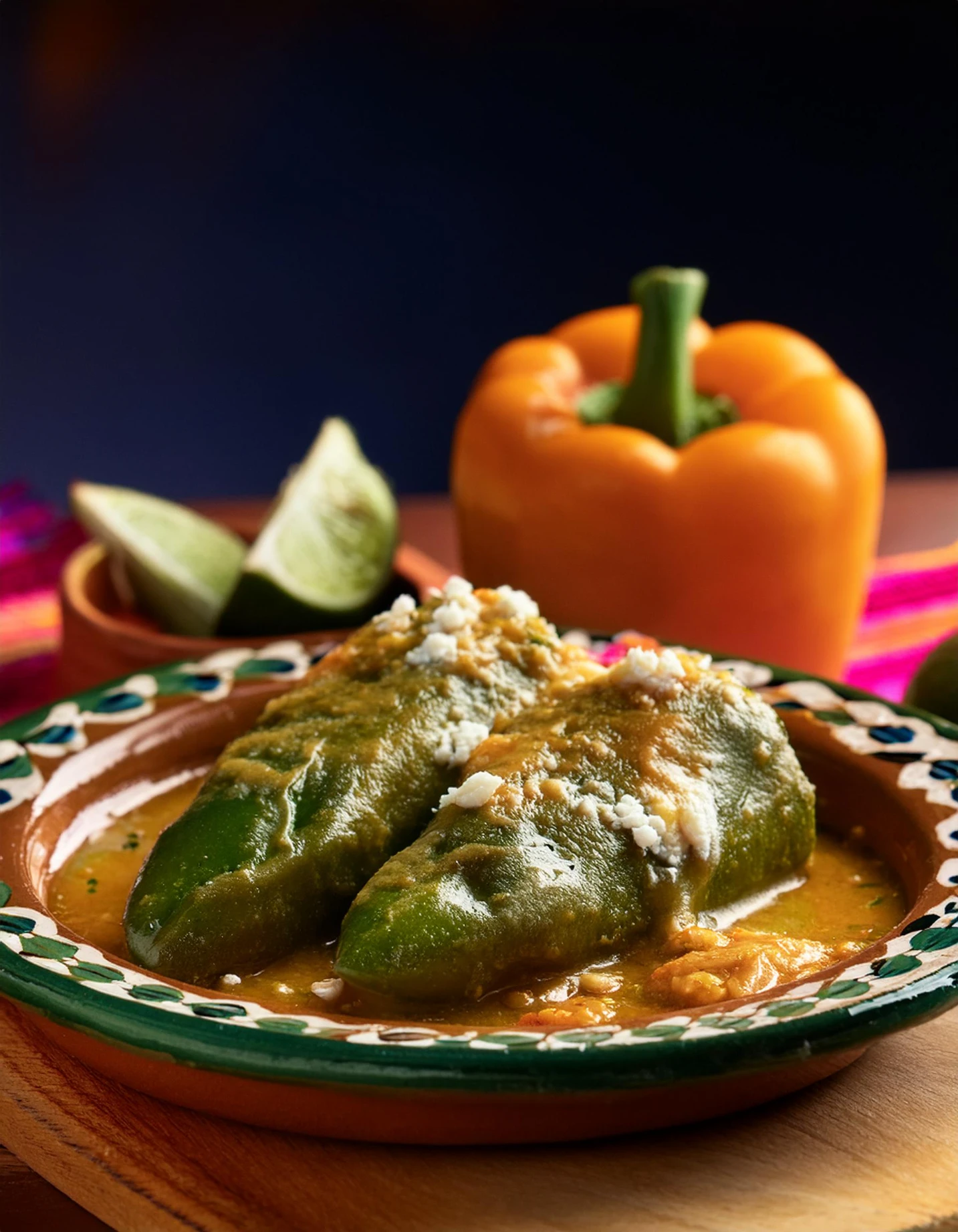 Cheese-smothered stuffed poblano peppers (chiles rellenos) on a hand-painted plate
