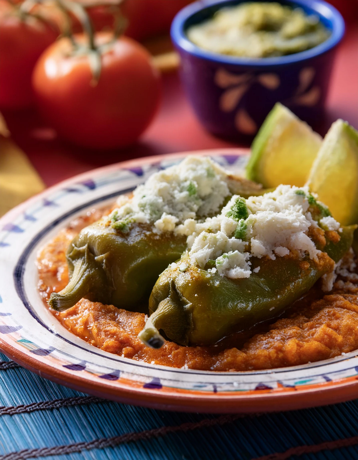 Poblano peppers stuffed with fresh cheese over a bed of refried beans, garnished with tomato and avocado