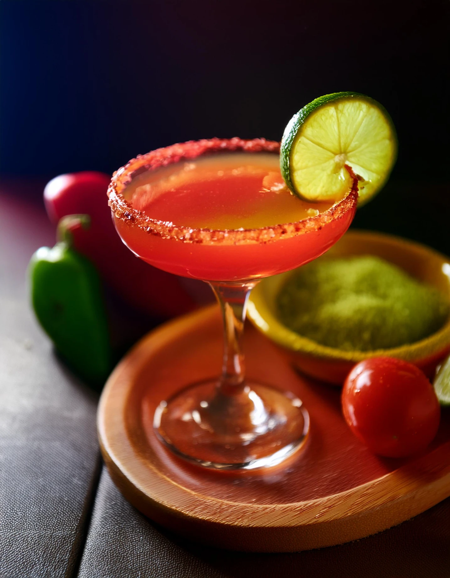 Salt-rimmed margarita next to fresh chiles and cherry tomatoes