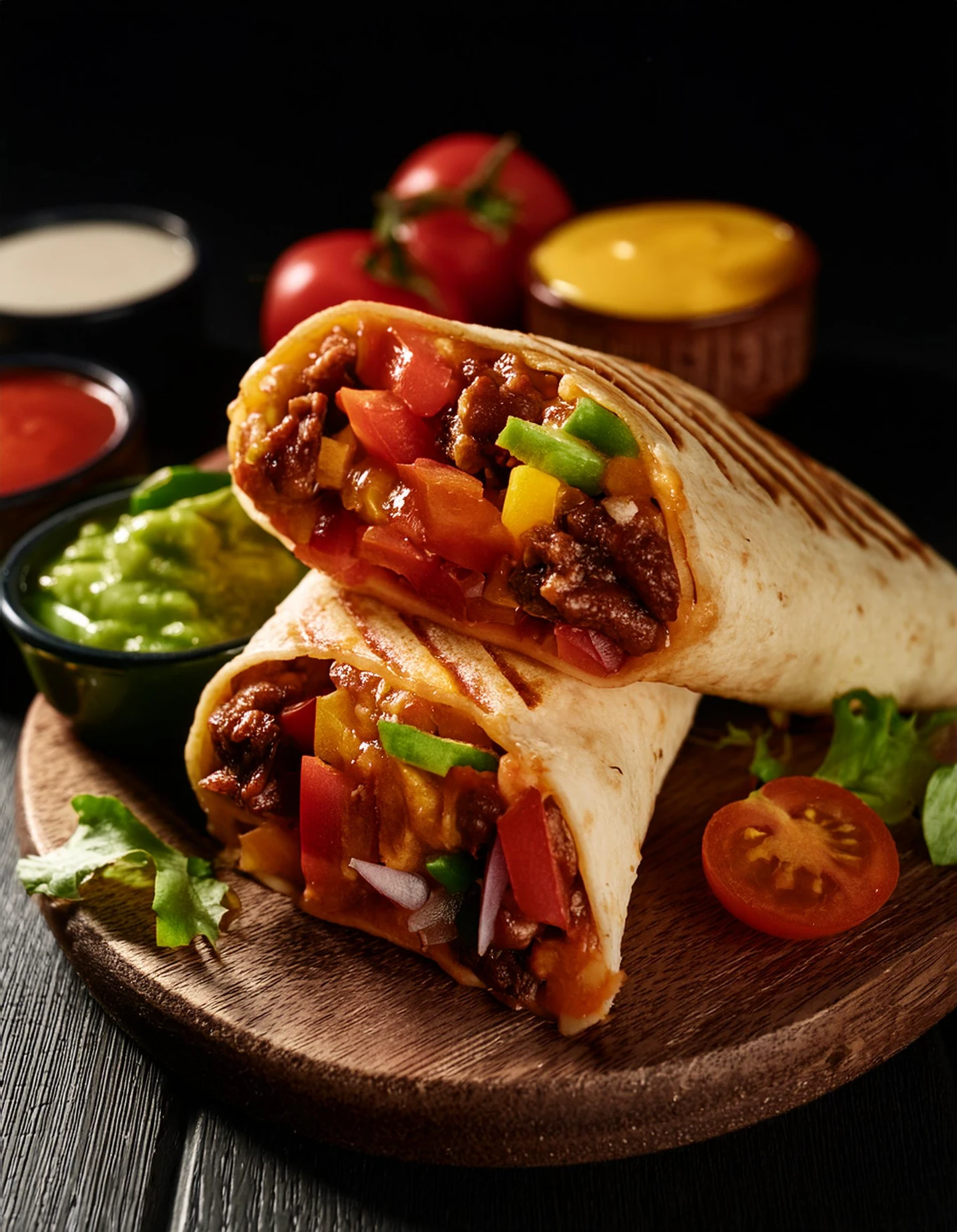 Burrito sliced in half, filled with meat and vegetables, on a wooden board