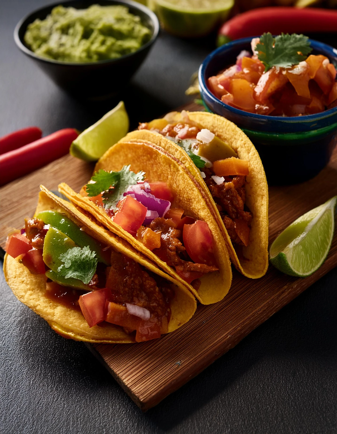 Meat tacos on corn tortillas with guacamole and pico de gallo, on a wooden board